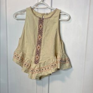 Rip Curl Beige Embroidered Boho Ruffle bottom Sleeveless Top - Cotton Linen - Sm